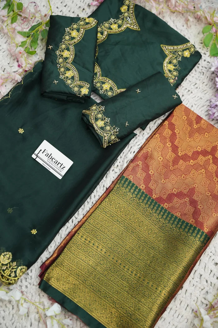 Beautiful South Indian Style Half Saree with Embroidery Work and Beads Work Blouse and Dupatta for Women | Mitali KV