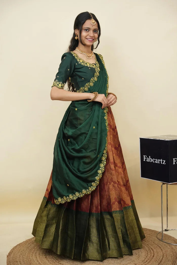 Beautiful South Indian Style Half Saree with Embroidery Work and Beads Work Blouse and Dupatta for Women | Mitali KV