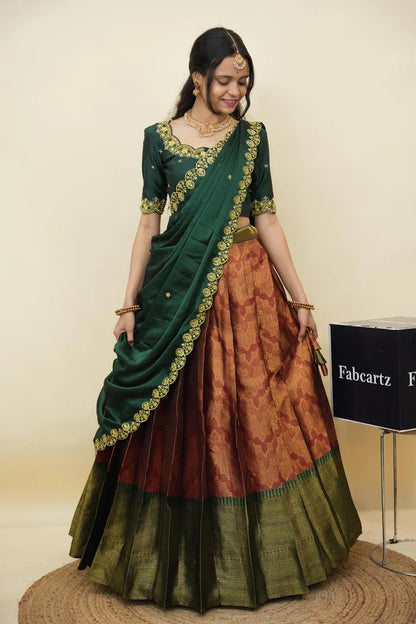 Beautiful South Indian Style Half Saree with Embroidery Work and Beads Work Blouse and Dupatta for Women | Mitali KV