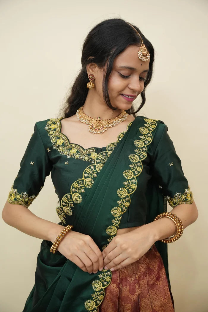 Beautiful South Indian Style Half Saree with Embroidery Work and Beads Work Blouse and Dupatta for Women | Mitali KV