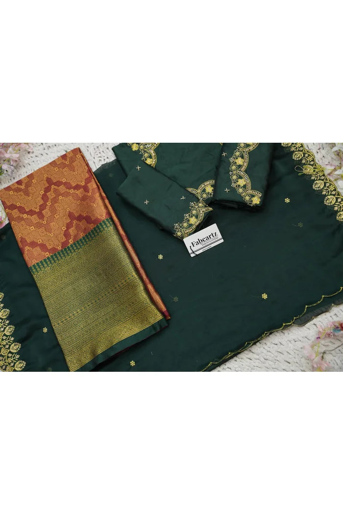 Beautiful South Indian Style Half Saree with Embroidery Work and Beads Work Blouse and Dupatta for Women | Mitali KV