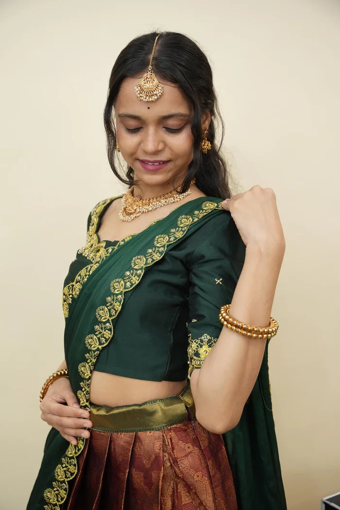 Beautiful South Indian Style Half Saree with Embroidery Work and Beads Work Blouse and Dupatta for Women | Mitali KV