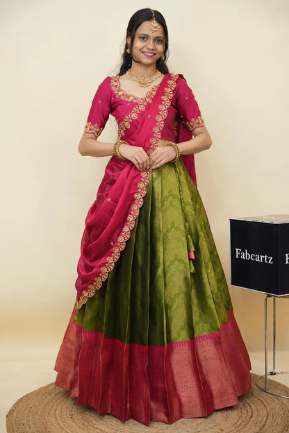 Beautiful South Indian Style Half Saree with Embroidery Work and Beads Work Blouse and Dupatta for Women | Mitali KV