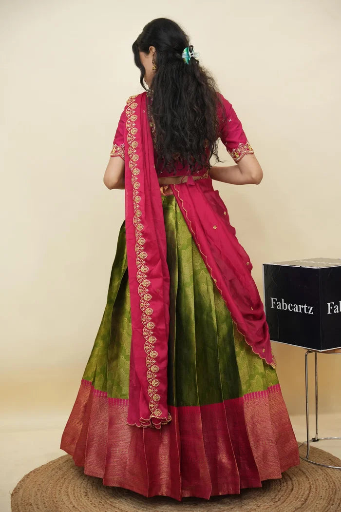 Beautiful South Indian Style Half Saree with Embroidery Work and Beads Work Blouse and Dupatta for Women | Mitali KV