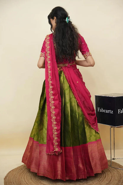 Beautiful South Indian Style Half Saree with Embroidery Work and Beads Work Blouse and Dupatta for Women | Mitali KV