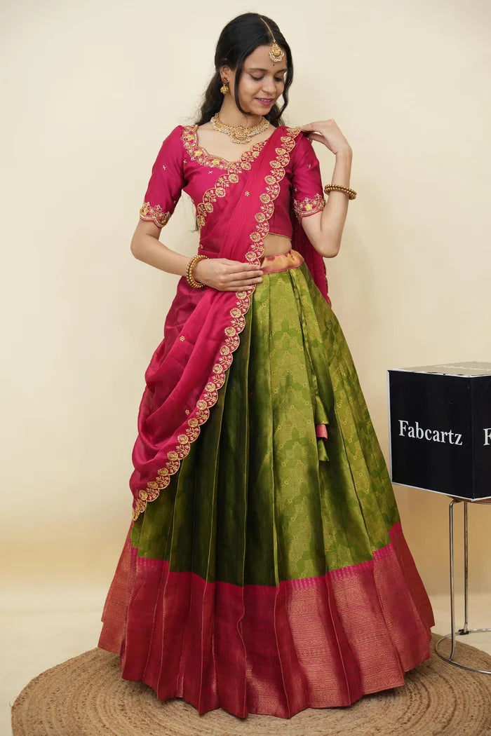 Beautiful South Indian Style Half Saree with Embroidery Work and Beads Work Blouse and Dupatta for Women | Mitali KV
