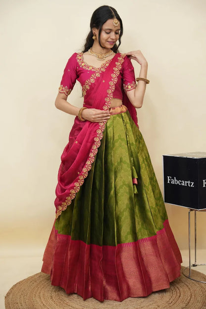 Beautiful South Indian Style Half Saree with Embroidery Work and Beads Work Blouse and Dupatta for Women | Mitali KV