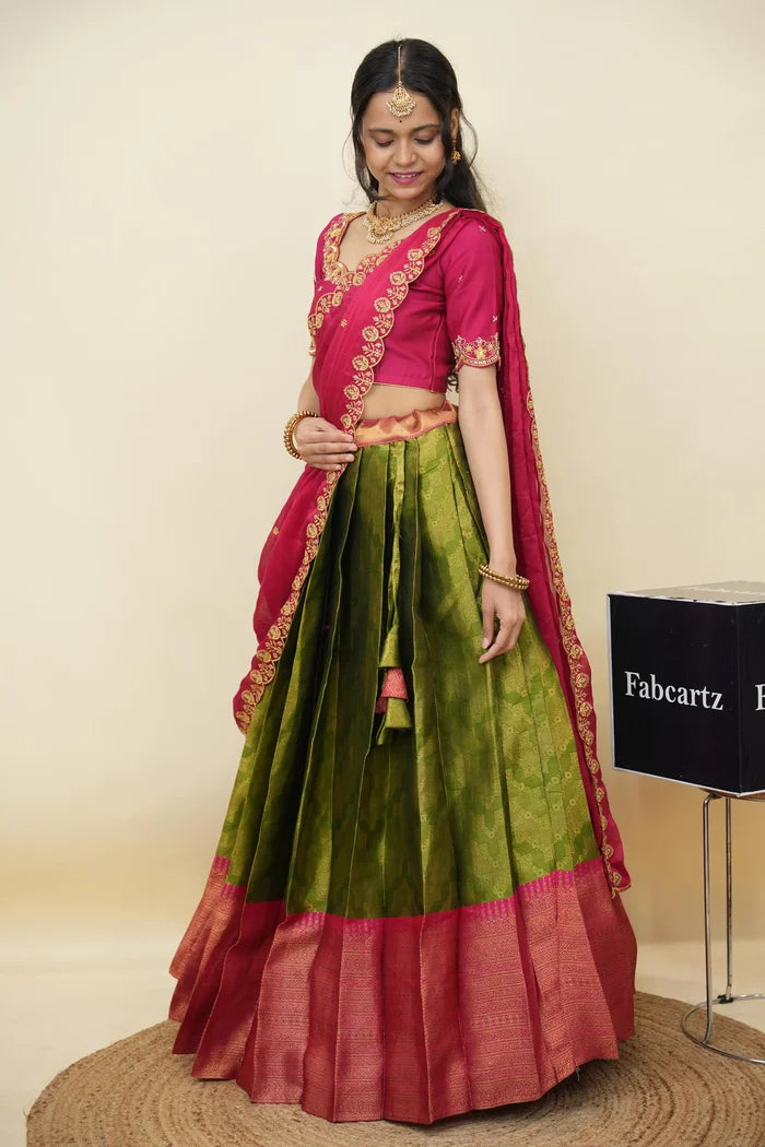Beautiful South Indian Style Half Saree with Embroidery Work and Beads Work Blouse and Dupatta for Women | Mitali KV