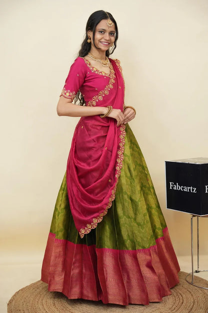 Beautiful South Indian Style Half Saree with Embroidery Work and Beads Work Blouse and Dupatta for Women | Mitali KV