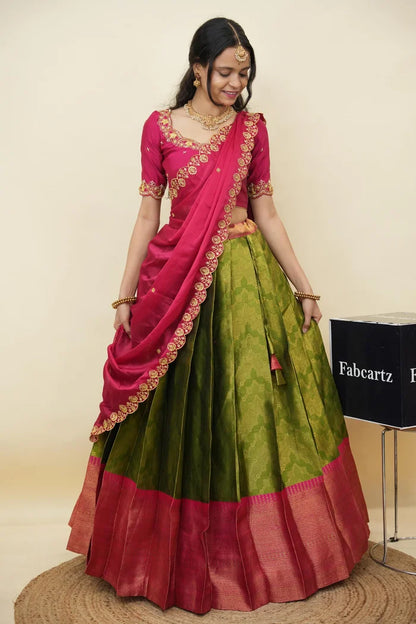 Beautiful South Indian Style Half Saree with Embroidery Work and Beads Work Blouse and Dupatta for Women | Mitali KV