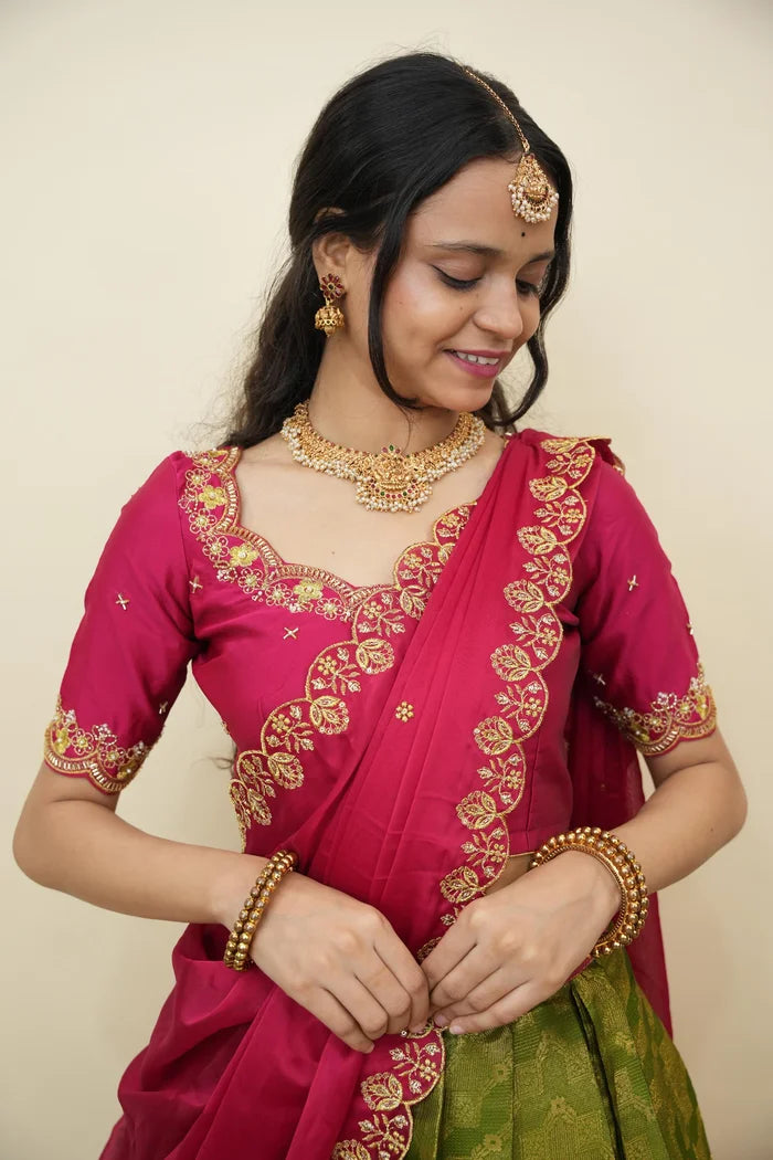 Beautiful South Indian Style Half Saree with Embroidery Work and Beads Work Blouse and Dupatta for Women | Mitali KV