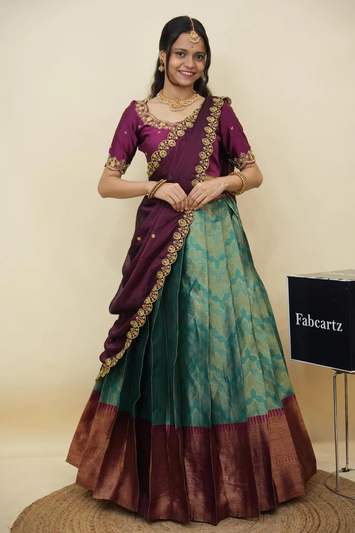 Beautiful South Indian Style Half Saree with Embroidery Work and Beads Work Blouse and Dupatta for Women | Mitali KV