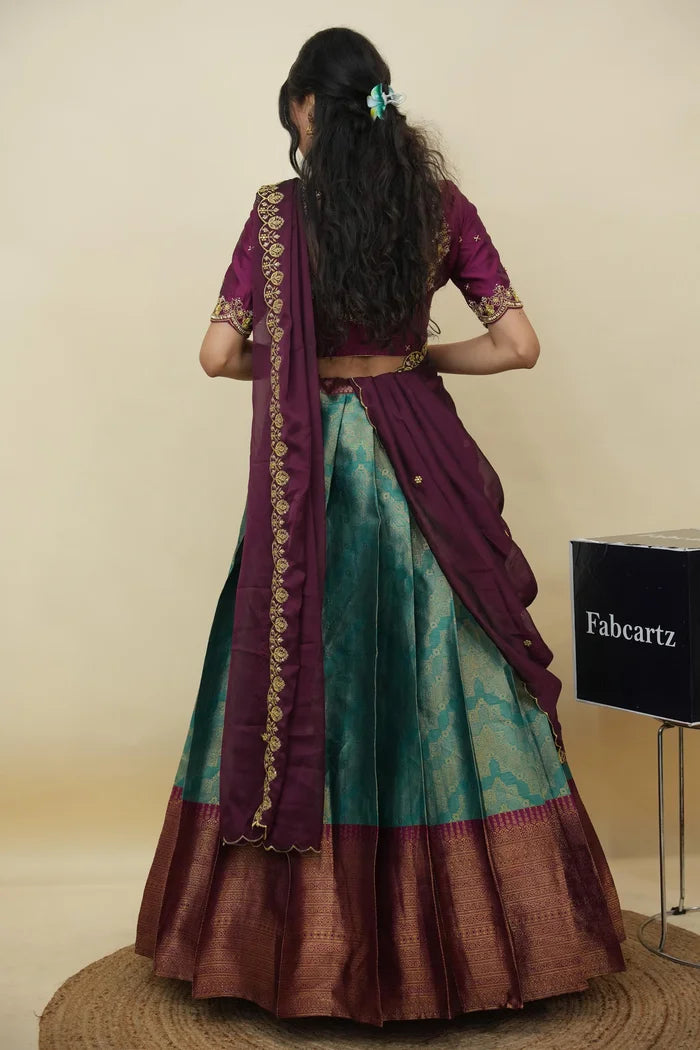 Beautiful South Indian Style Half Saree with Embroidery Work and Beads Work Blouse and Dupatta for Women | Mitali KV