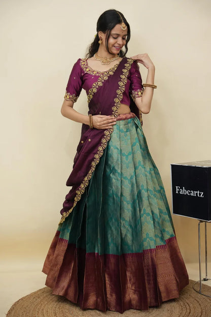 Beautiful South Indian Style Half Saree with Embroidery Work and Beads Work Blouse and Dupatta for Women | Mitali KV