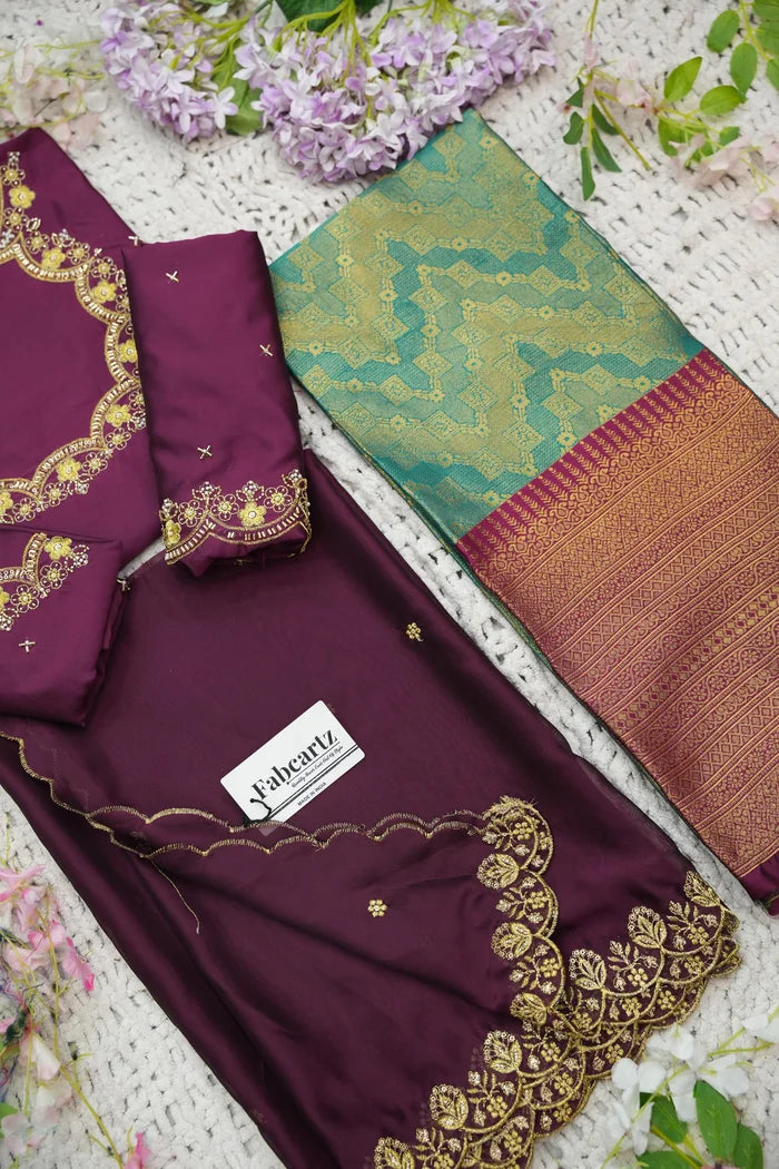 Beautiful South Indian Style Half Saree with Embroidery Work and Beads Work Blouse and Dupatta for Women | Mitali KV