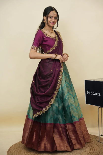 Beautiful South Indian Style Half Saree with Embroidery Work and Beads Work Blouse and Dupatta for Women | Mitali KV