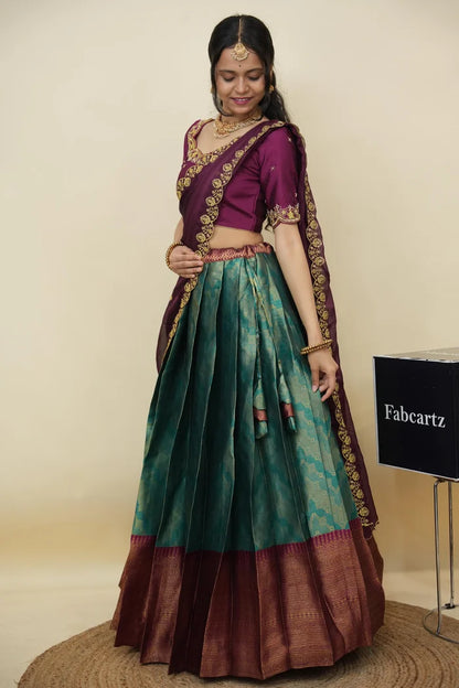 Beautiful South Indian Style Half Saree with Embroidery Work and Beads Work Blouse and Dupatta for Women | Mitali KV