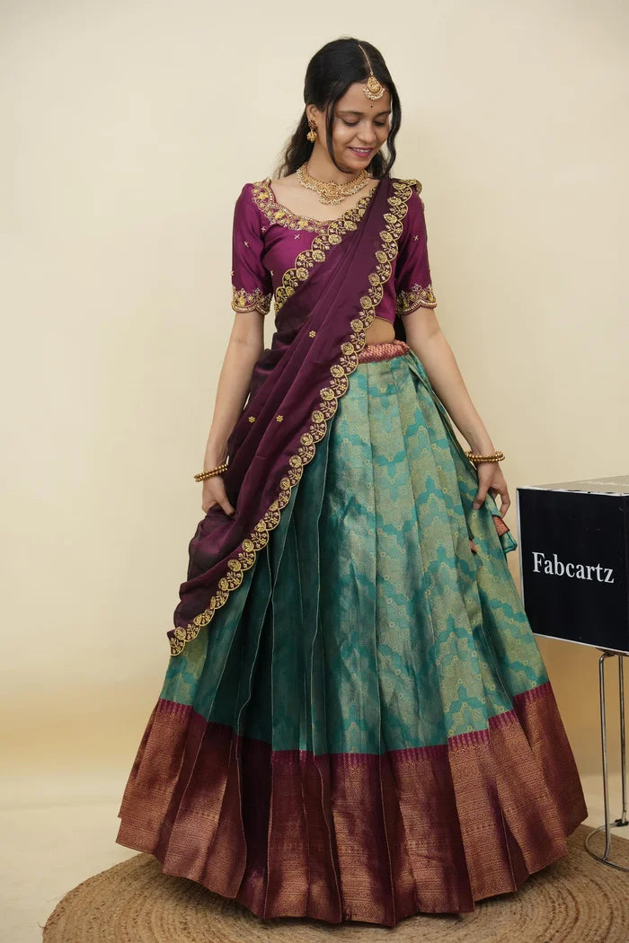 Beautiful South Indian Style Half Saree with Embroidery Work and Beads Work Blouse and Dupatta for Women | Mitali KV