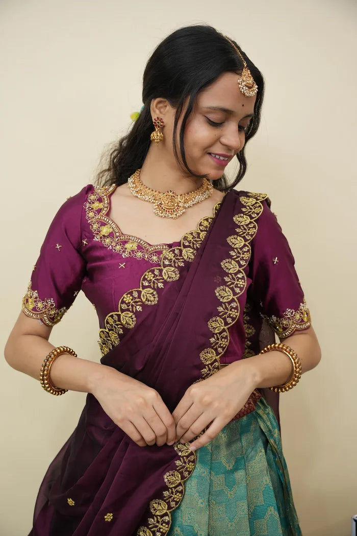 Beautiful South Indian Style Half Saree with Embroidery Work and Beads Work Blouse and Dupatta for Women | Mitali KV