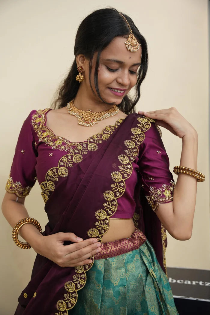 Beautiful South Indian Style Half Saree with Embroidery Work and Beads Work Blouse and Dupatta for Women | Mitali KV