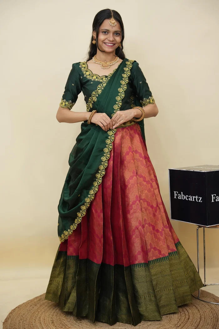 Beautiful South Indian Style Half Saree with Embroidery Work and Beads Work Blouse and Dupatta for Women | Mitali KV