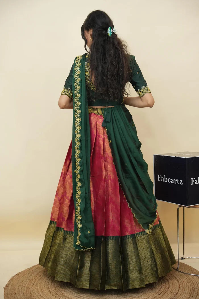 Beautiful South Indian Style Half Saree with Embroidery Work and Beads Work Blouse and Dupatta for Women | Mitali KV