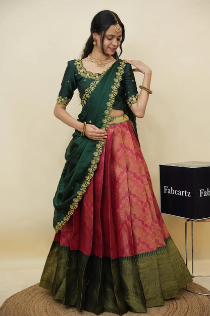 Beautiful South Indian Style Half Saree with Embroidery Work and Beads Work Blouse and Dupatta for Women | Mitali KV