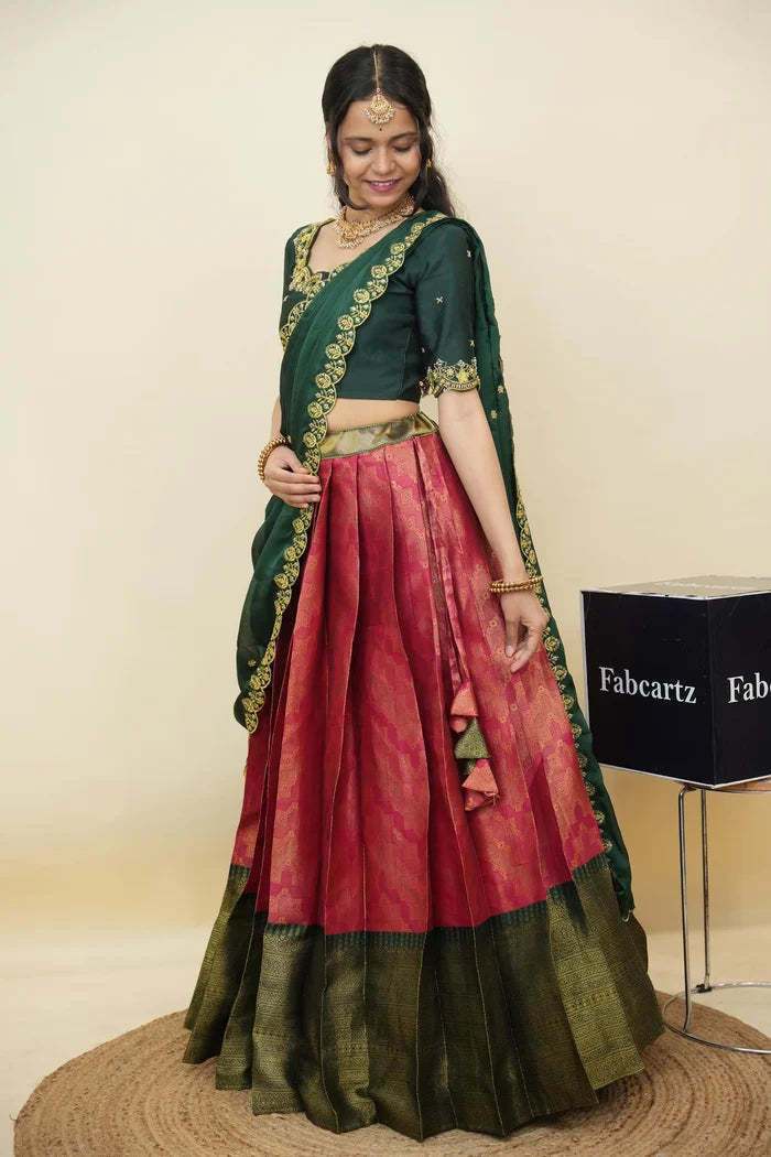Beautiful South Indian Style Half Saree with Embroidery Work and Beads Work Blouse and Dupatta for Women | Mitali KV