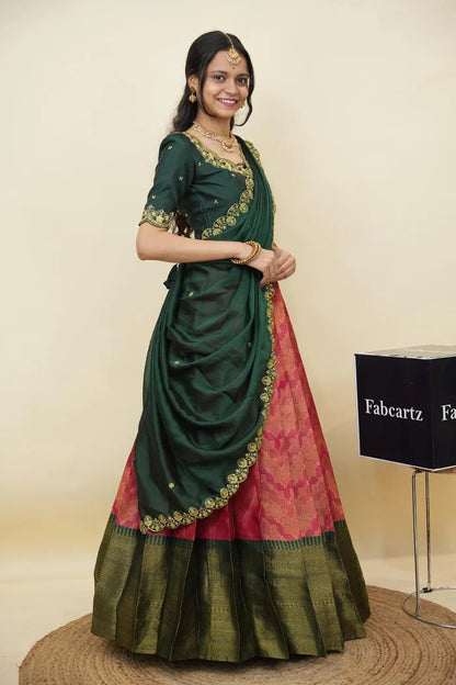 Beautiful South Indian Style Half Saree with Embroidery Work and Beads Work Blouse and Dupatta for Women | Mitali KV