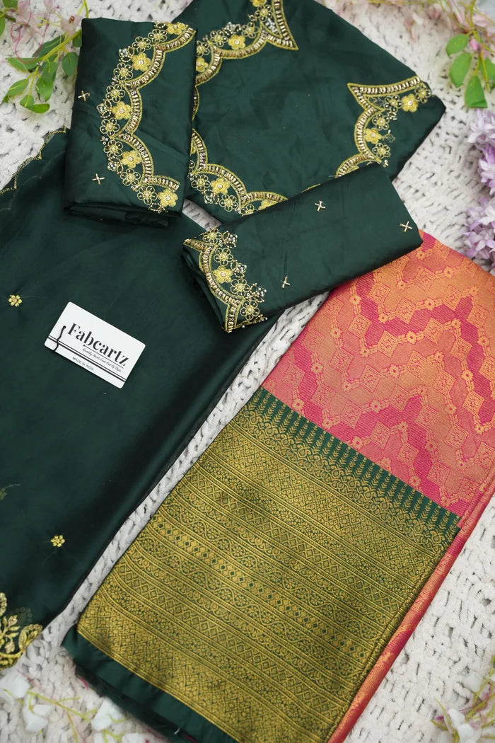 Beautiful South Indian Style Half Saree with Embroidery Work and Beads Work Blouse and Dupatta for Women | Mitali KV