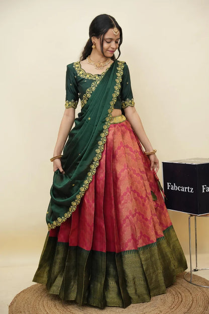 Beautiful South Indian Style Half Saree with Embroidery Work and Beads Work Blouse and Dupatta for Women | Mitali KV