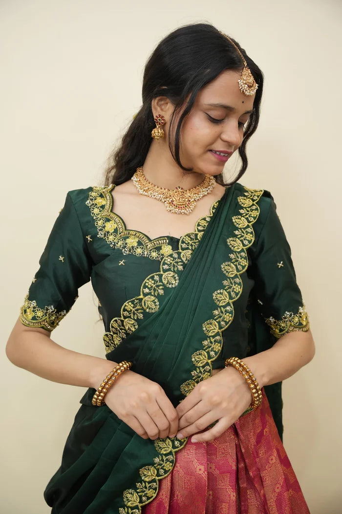 Beautiful South Indian Style Half Saree with Embroidery Work and Beads Work Blouse and Dupatta for Women | Mitali KV