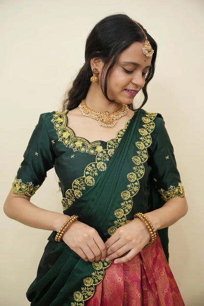 Beautiful South Indian Style Half Saree with Embroidery Work and Beads Work Blouse and Dupatta for Women | Mitali KV