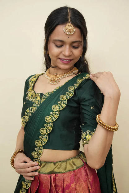 Beautiful South Indian Style Half Saree with Embroidery Work and Beads Work Blouse and Dupatta for Women | Mitali KV