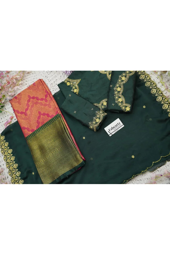 Beautiful South Indian Style Half Saree with Embroidery Work and Beads Work Blouse and Dupatta for Women | Mitali KV