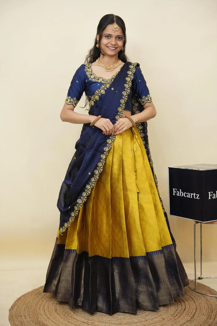 Beautiful South Indian Style Half Saree with Embroidery Work and Beads Work Blouse and Dupatta for Women | Mitali KV