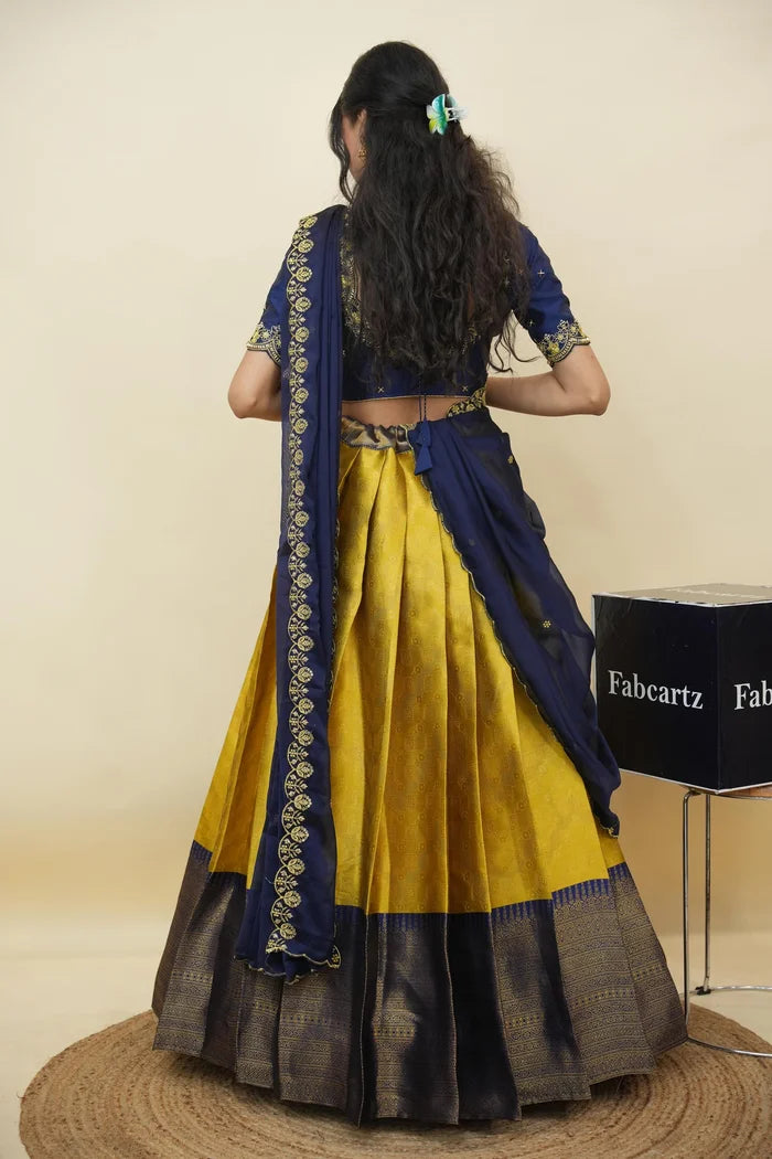 Beautiful South Indian Style Half Saree with Embroidery Work and Beads Work Blouse and Dupatta for Women | Mitali KV