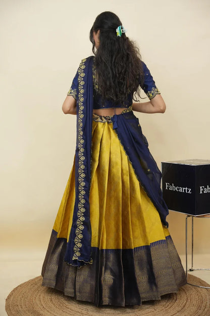 Beautiful South Indian Style Half Saree with Embroidery Work and Beads Work Blouse and Dupatta for Women | Mitali KV