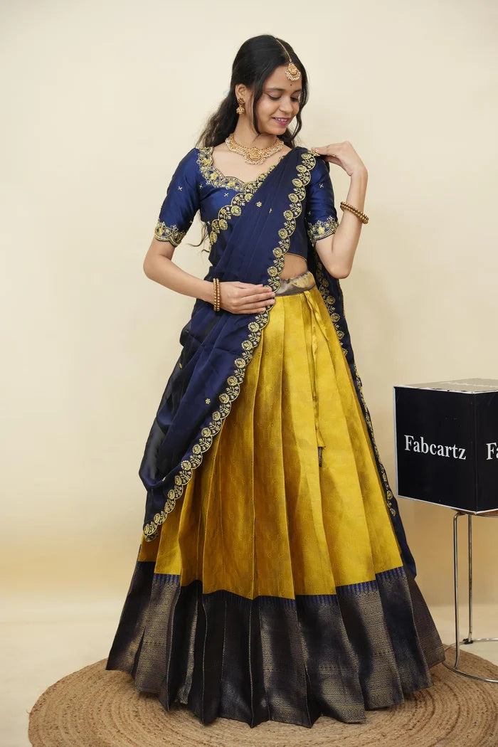 Beautiful South Indian Style Half Saree with Embroidery Work and Beads Work Blouse and Dupatta for Women | Mitali KV
