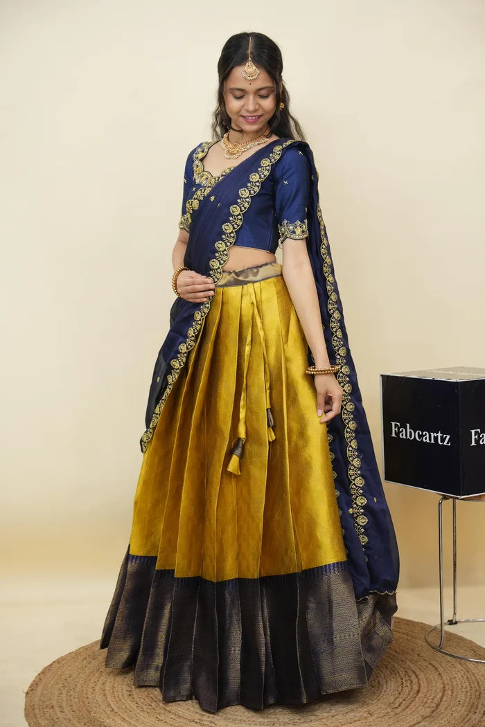 Beautiful South Indian Style Half Saree with Embroidery Work and Beads Work Blouse and Dupatta for Women | Mitali KV