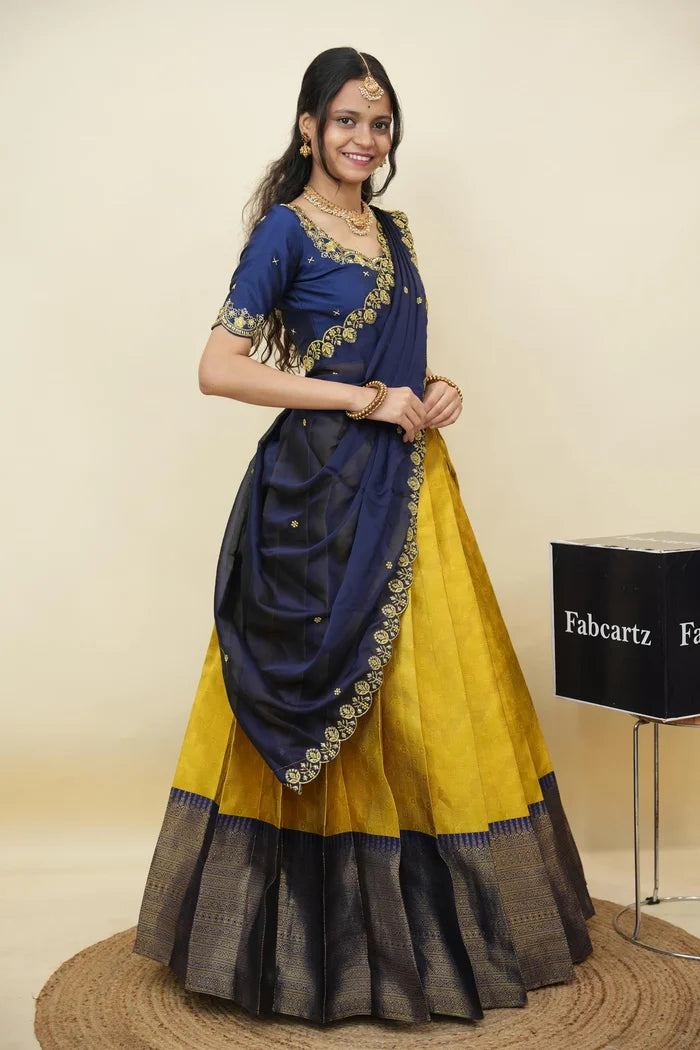 Beautiful South Indian Style Half Saree with Embroidery Work and Beads Work Blouse and Dupatta for Women | Mitali KV