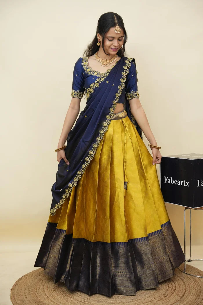 Beautiful South Indian Style Half Saree with Embroidery Work and Beads Work Blouse and Dupatta for Women | Mitali KV
