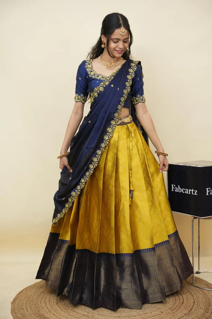 Beautiful South Indian Style Half Saree with Embroidery Work and Beads Work Blouse and Dupatta for Women | Mitali KV
