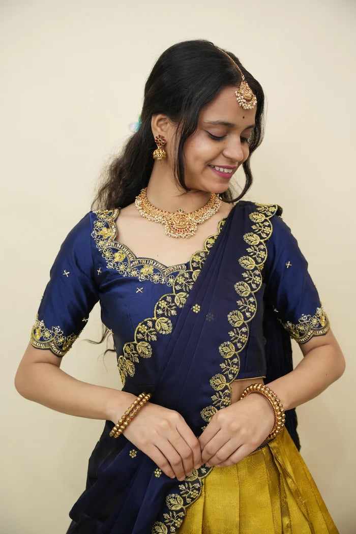 Beautiful South Indian Style Half Saree with Embroidery Work and Beads Work Blouse and Dupatta for Women | Mitali KV