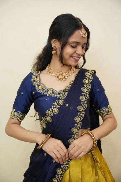 Beautiful South Indian Style Half Saree with Embroidery Work and Beads Work Blouse and Dupatta for Women | Mitali KV