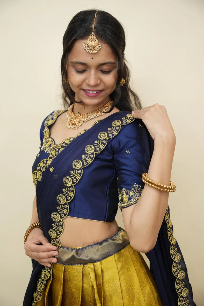Beautiful South Indian Style Half Saree with Embroidery Work and Beads Work Blouse and Dupatta for Women | Mitali KV