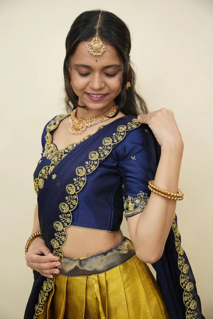 Beautiful South Indian Style Half Saree with Embroidery Work and Beads Work Blouse and Dupatta for Women | Mitali KV