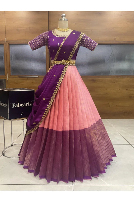 Beautiful South Indian Style Half Saree with Blouse and Dupatta for Women | Reet