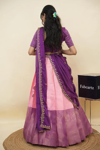 Beautiful South Indian Style Half Saree with Embroidery Work and Beads Work Blouse and Dupatta for Women | Reet KV