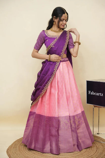 Beautiful South Indian Style Half Saree with Embroidery Work and Beads Work Blouse and Dupatta for Women | Reet KV
